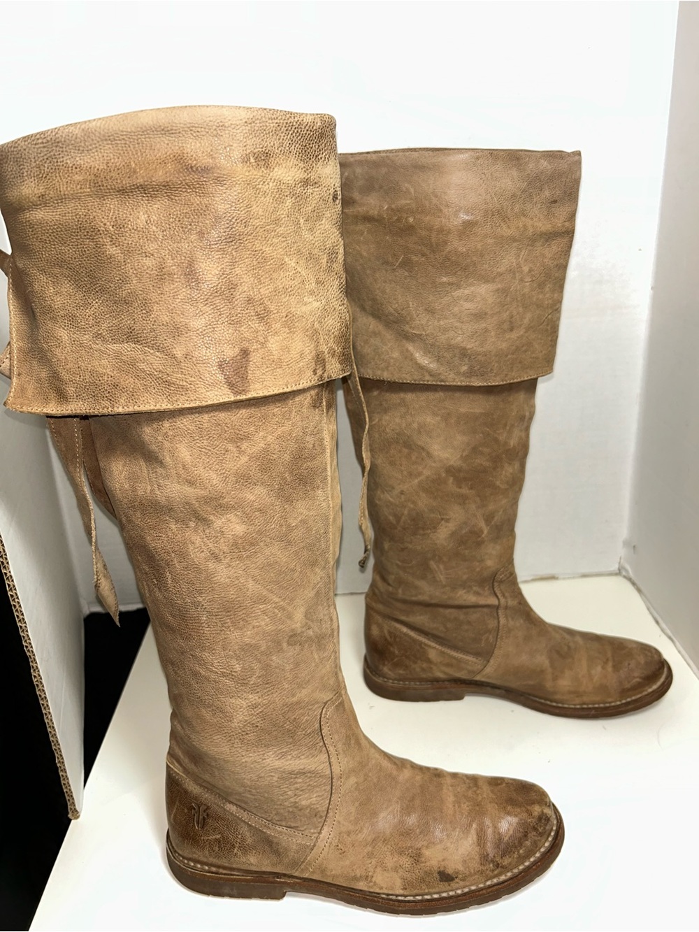 Frye Celia 77865 Brown Leather Pull On Over The Knee Fold Over Riding Boot